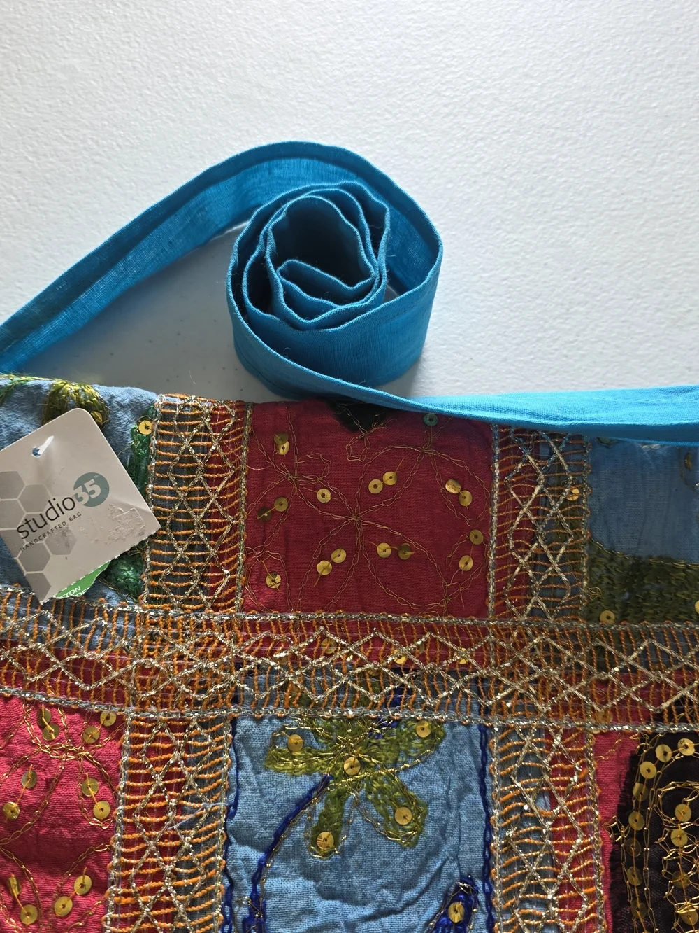 Studio 35 Embroidered Patchwork Shoulder Bag in Turquoise & Multicolor